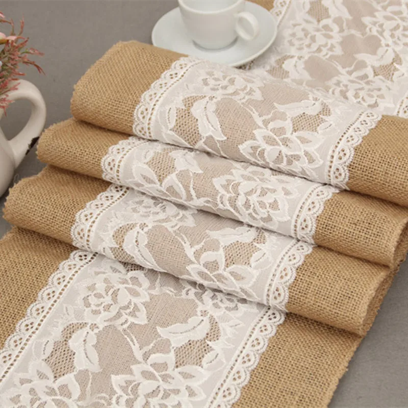 30*275cm Burlap Lace Hessian Table Runner with White lace, Natural Jute