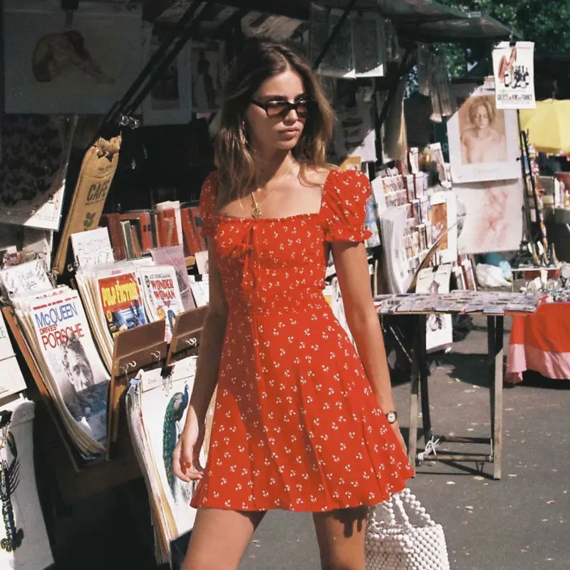 

JuneLove Women Short Sleeve Sexy Mini Dress Vintage Print Floral Female Square Collar Dress Casual Elastic Lady A-Line Dress