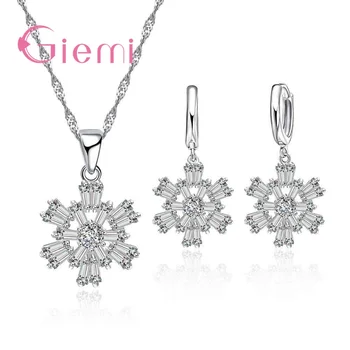 

Women Elegant Rhinestone Pendant Necklace Hook Earrings Jewelry Sets For Engagement Party Set Real 925 Sterling Silver Ear