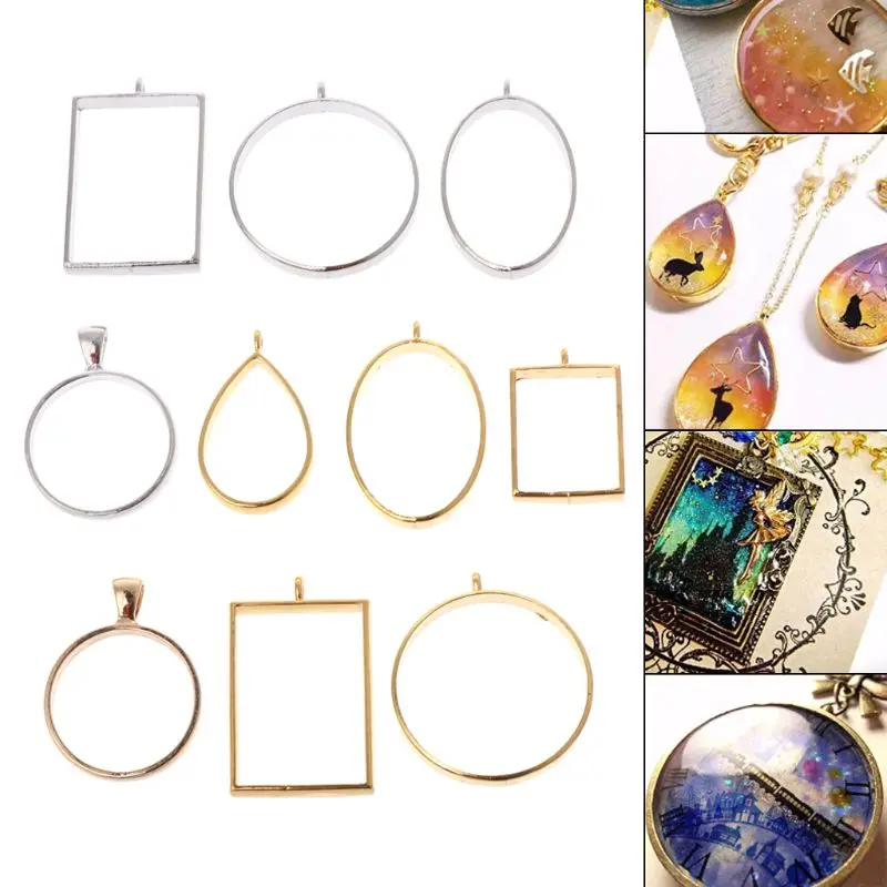 

10 Pcs/Set Geometric Frame Hollow DIY Epoxy Resin Crafts Metal Frames Jewelry Making Necklace Pendant Charms Holder UV Resin