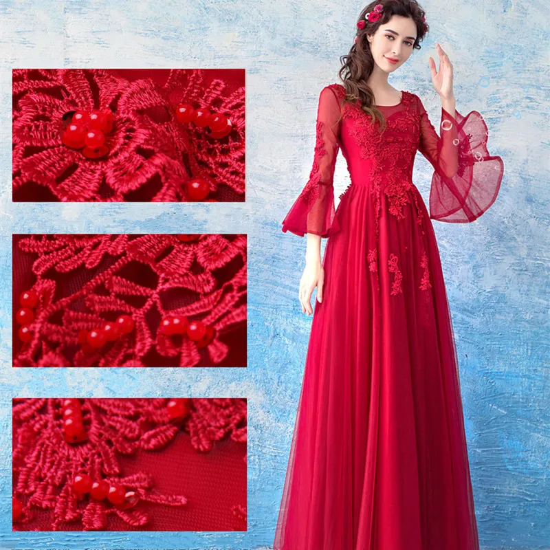 Красное элегантное вечернее платье с круглым вырезом, длинным рукавом, Тюлевое платье с аппликацией, открытая спина, кружевное платье с бусинами и рюшами для свадьбы