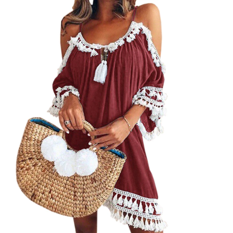 Tassel Boho Off Shoulder Dresses Femme Spaghetti Strap Dress Women