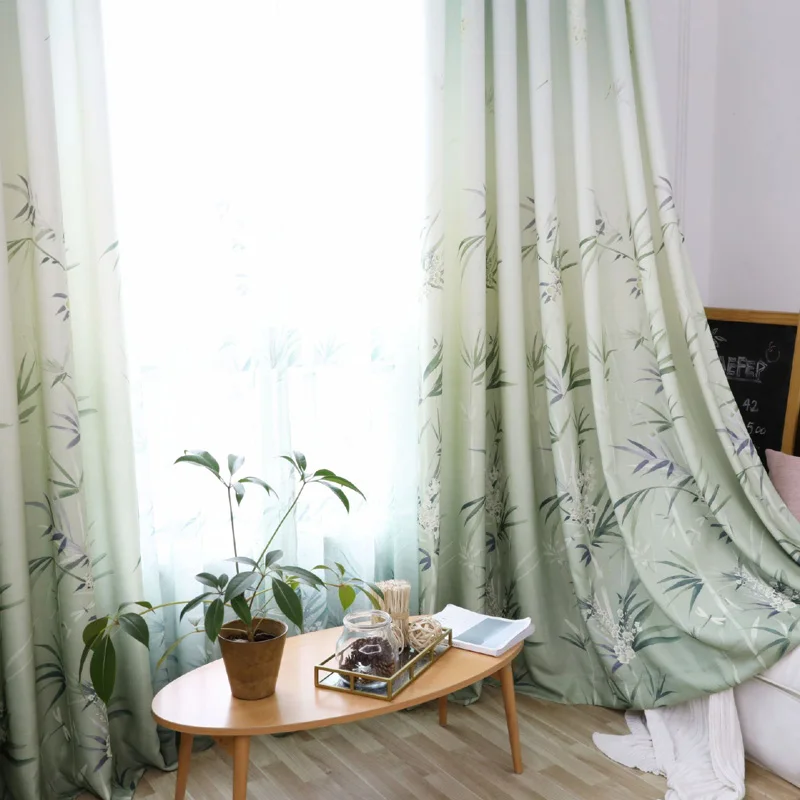 Прозрачная Вуаль в скандинавском стиле, занавески, тюль для гостиной, спальни, китайский стиль, зеленый бамбук, с принтом, затемненная, на окно, драпировка, P1913