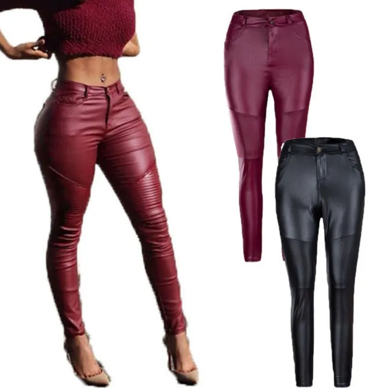 

Autumn Women's Leather Pants Female Winter High Waist Solid Pants Bottoming Trousers Women PU Skinny Stretch Pencil Pant 2 Style