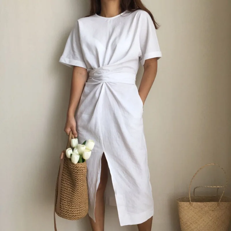 

Fanco women's summer white cotton short sleeve bandage bodycon sexy dress plus size solid mid calf long casual dresses
