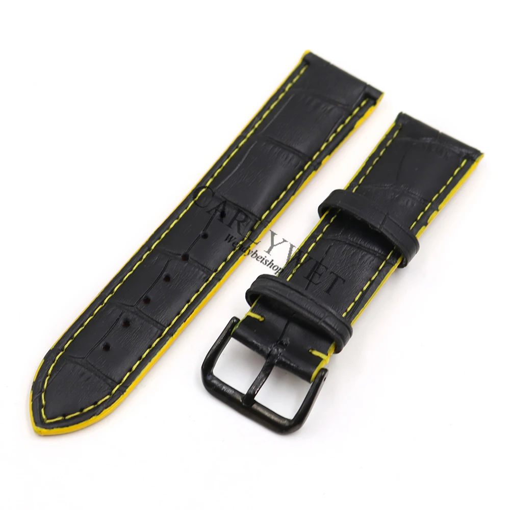CARLYWET 18 20 22 мм черный натуральная кожа ручной работы желтые стежки Replacemet часы ремешок с серебряной полированной пряжкой