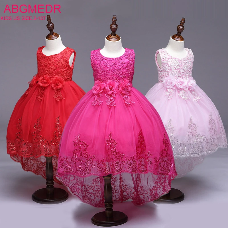 

2017 New Flower Girls Dress Girls Red Prom High Low Dresses with Tails Kids Bow Clothes Children Baby Christmas Clothing Vestido