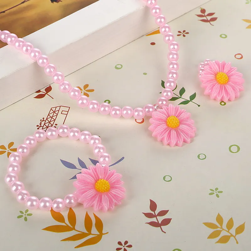 

Friendly Resin Infant Nice Baby Flower Necklace Bracelet Finger Ring Set Kids Jewelry Set Children Accessories Handmade