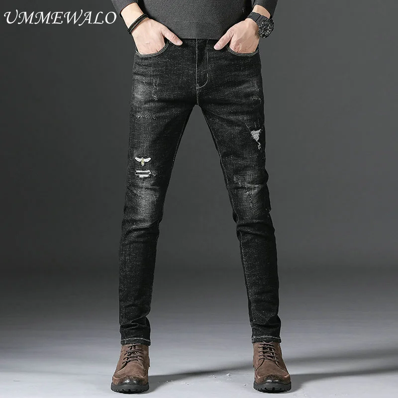 UMMEWALO Black Stretch Skinny Jeans Men Embroidery Design Casual Denim Jeans Mens Ripped Jean Pants Male Quality Hole Jeans