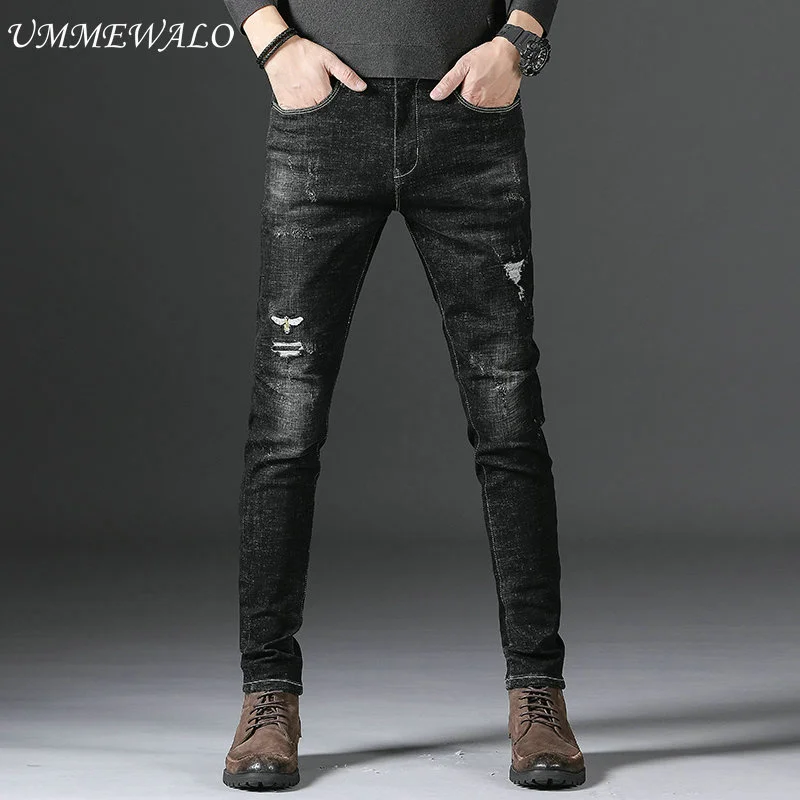 UMMEWALO Black Stretch Skinny Jeans Men Embroidery Design Casual Denim ...
