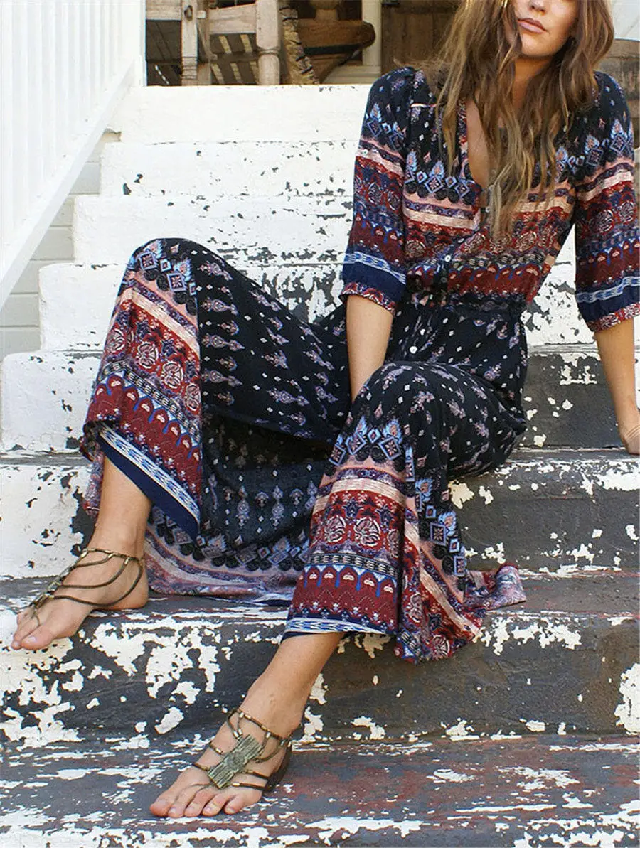 Gladiolus Boho Long Summer Dress Women Half Sleeve V Neck Button Print Floral Women Beach Dress 2019 Ladies Sexy Maxi Dresses (48)