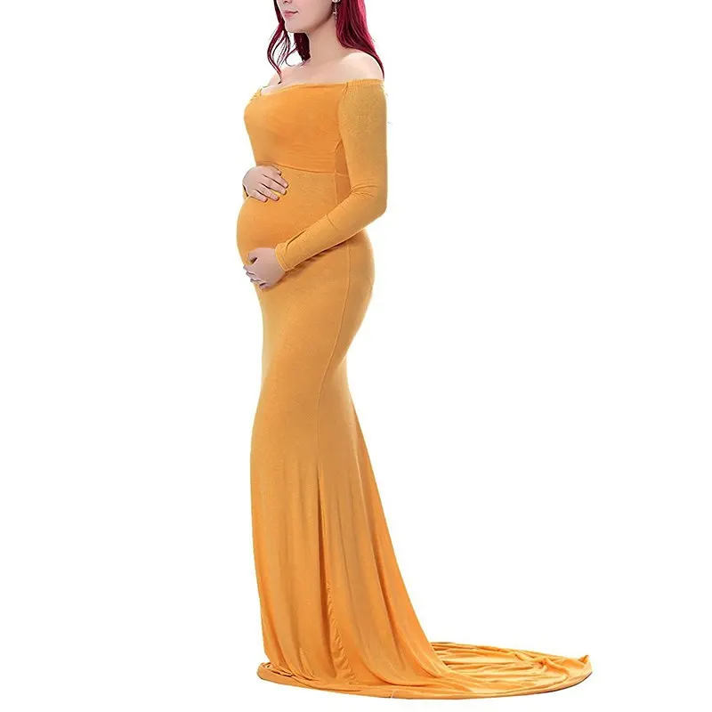 VOGUEON Women V Neck Maternity Dress Long Sleeve Ruched Maxi Photography Clothes Lady Mermaid Pregnant Baby Shower Evening Gown - Цвет: Orange Dress