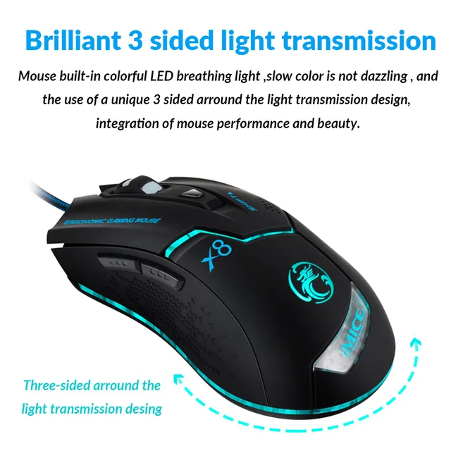 Imice-ratón óptico ajustable para juegos por USB, Mouse ergonómico para ordenador portátil, PC, X8, 3200 DPI Imice-ratón óptico ajustable para juegos por USB, Mouse ergonómico para ordenador portátil, PC, X8, 3200 DPI