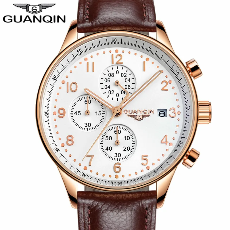

Mens Watches Top Brand Luxury GUANQIN Men Military Sport Luminous Wristwatch Chronograph Leather Quartz Watch relogio masculino
