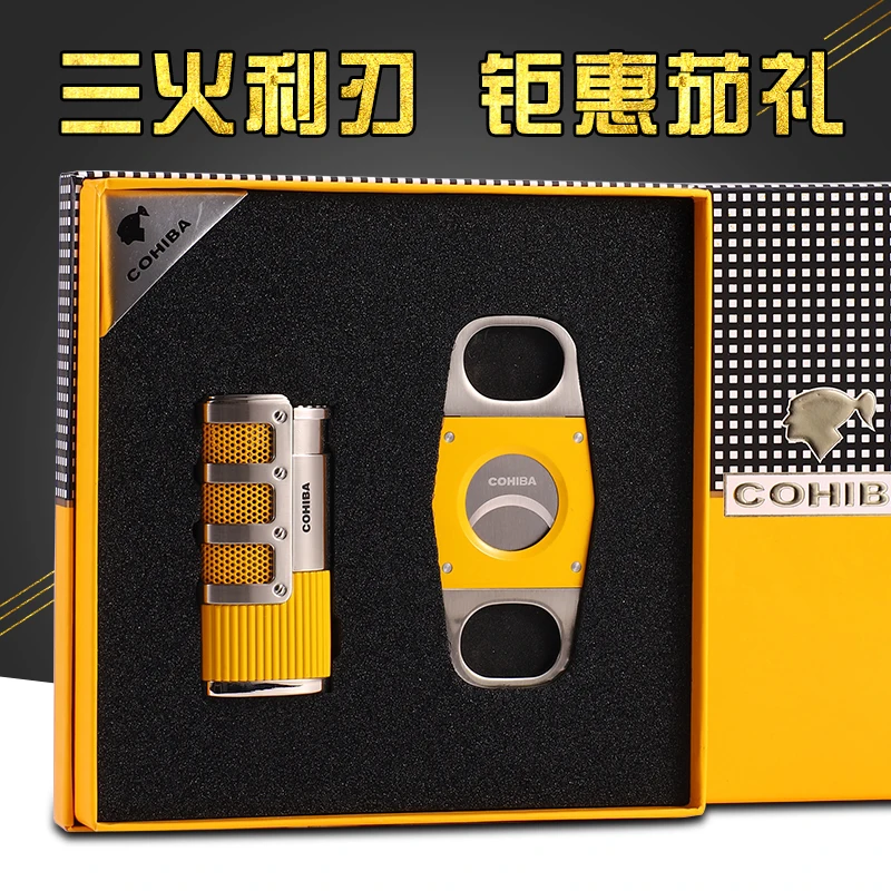 

COHIBA Stainless Steel Cigar Cutter Guillotine Red Metal Windproof 3 Jet Flame Gas Cigar Lighter Cigar Punch