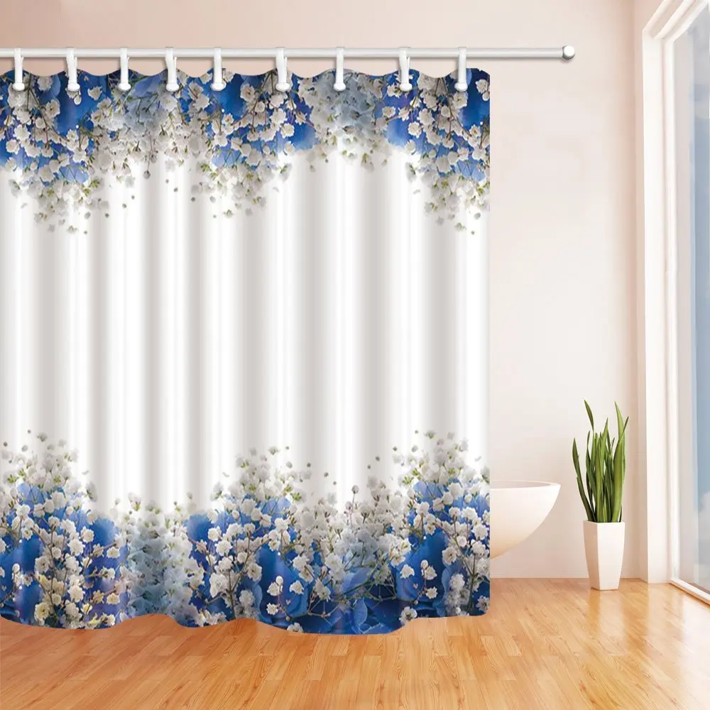 Flower Decor Babysbreath Polyester Fabric Waterproof Bath Curtain 69X70 in Shower Hooks Included White Blue | Дом и сад