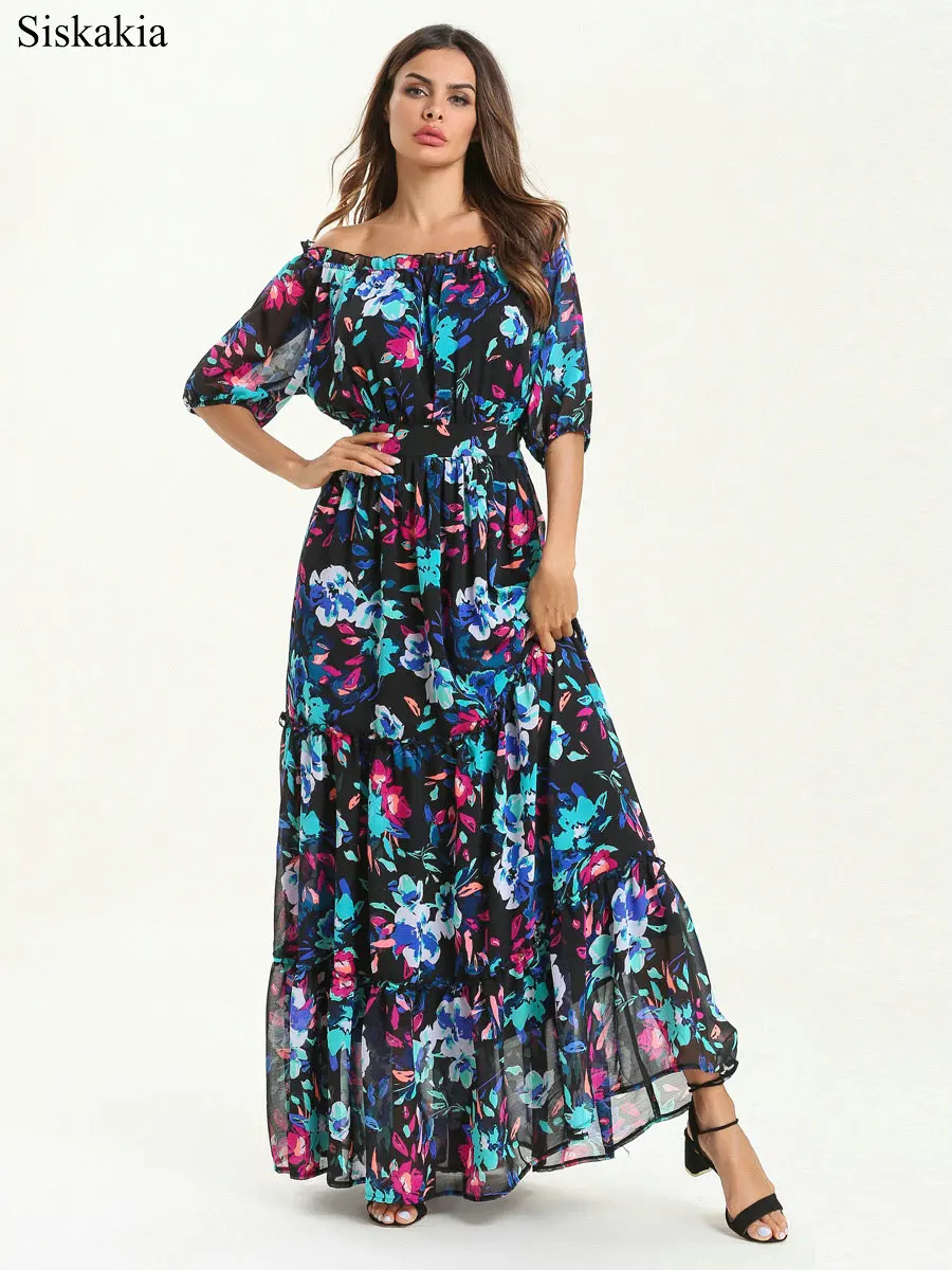 Siskakia Office Ladies Summer Dress Print Elastic Waist Slash Neck Wrapped Breast Long Dresses Color Chiffon Swing Female Dress (1)