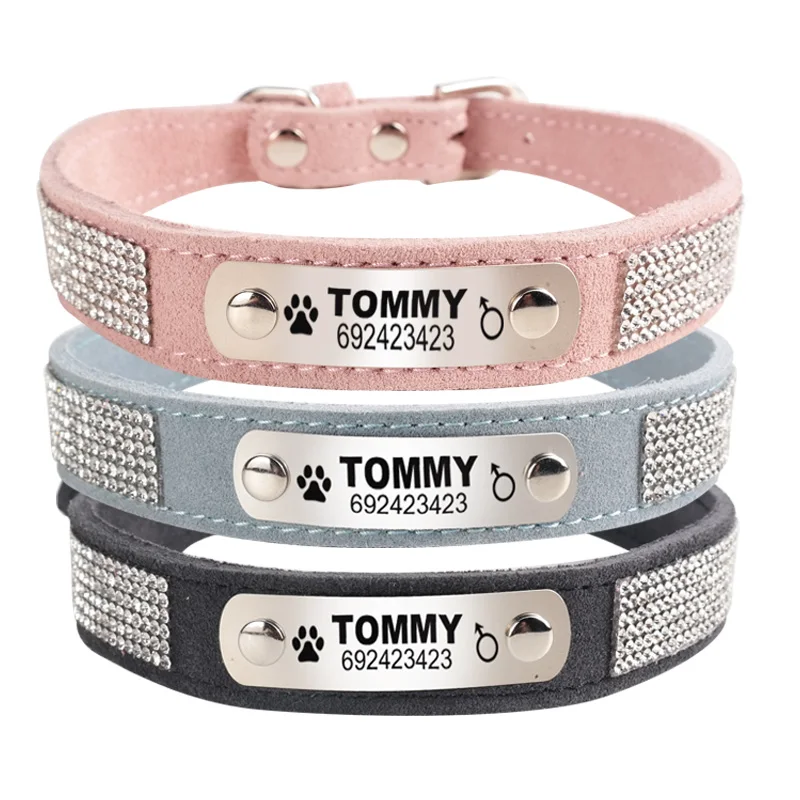 FLOWGOGO Rhinestone Personalized Engraved Dog Collar Custom Leather