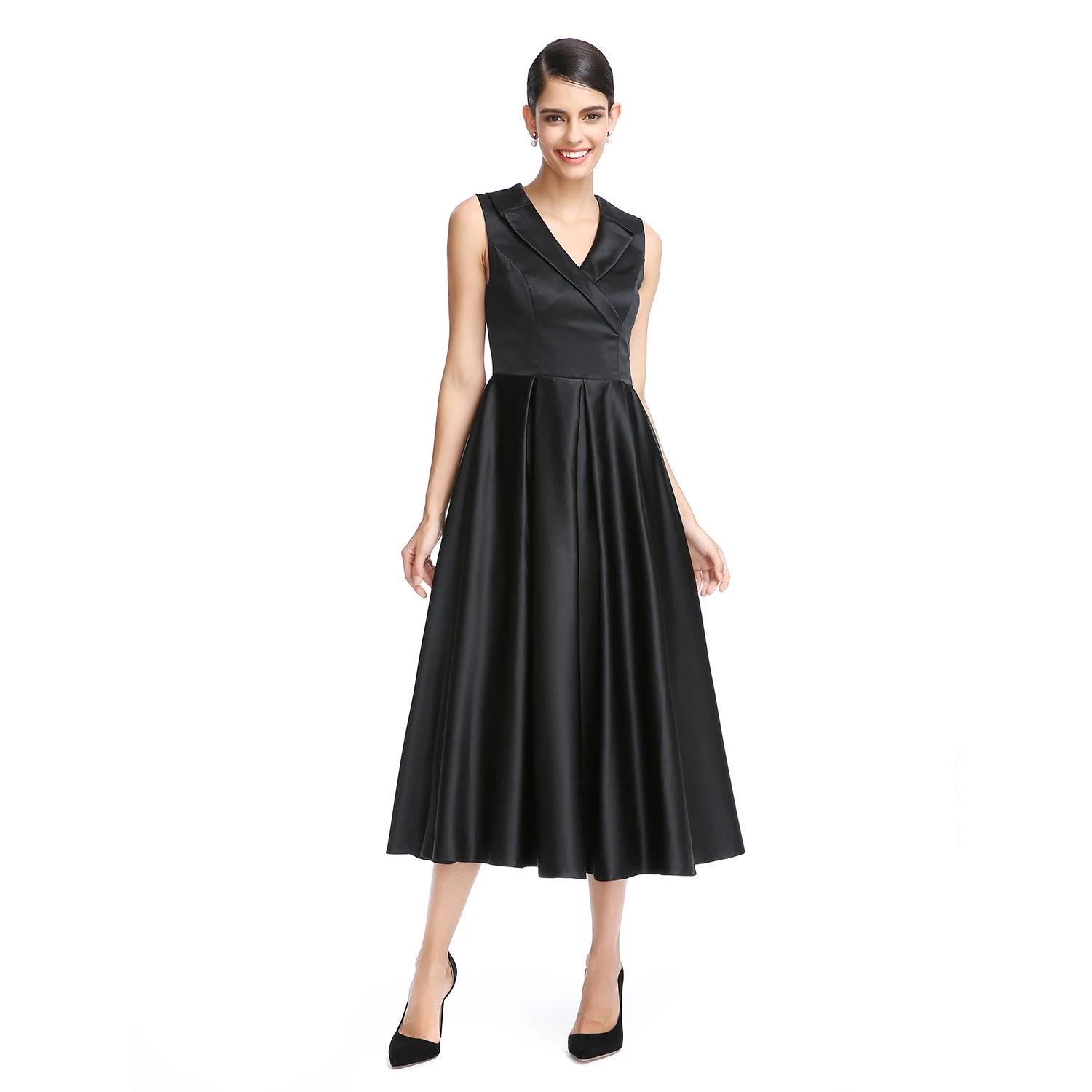 TS Couture A Line V Neck Tea Length Satin Formal Cocktail Dresses