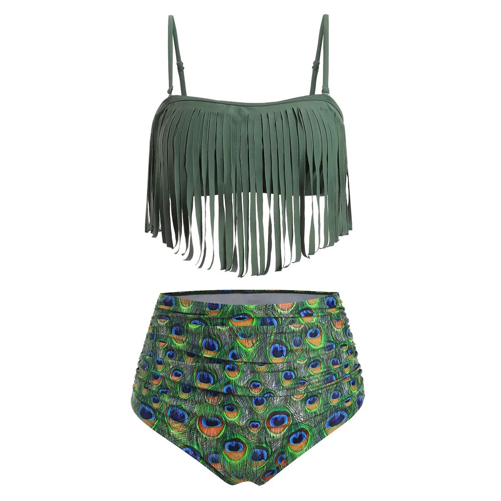 

High Waist Bikini Set Swimwear Women Plus Size Bikinis 2019 Mujer Swimsuit Fringed Peacock Print Biquini Swimming suit for Women