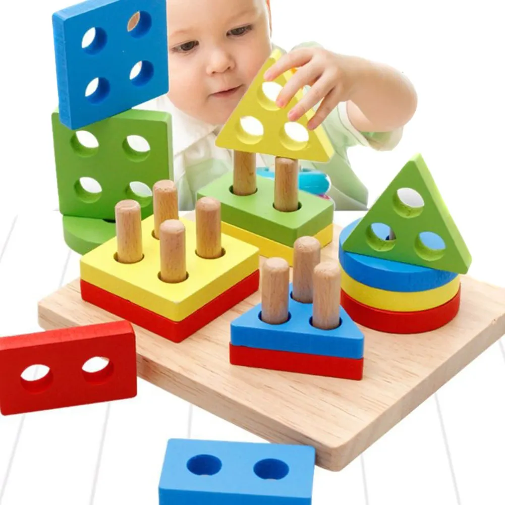 

Children Wooden Color Geometric Building Block Toys Educational Preschool Shape Color Board Stack 88 YJS Dropship