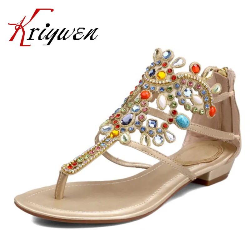 

2015 genuine leather flat bohemia colorful rhinestone open toe genuine leather flat heel elegant sandals female