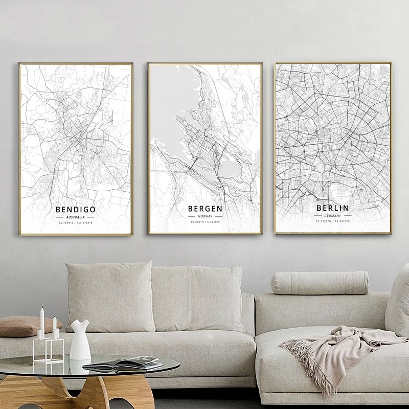 

City Map Bendigo Australi Bergen Norwa Berlin German Bern Switzerlan Poster Living Room Art Picture Home Decor Canvas Painting