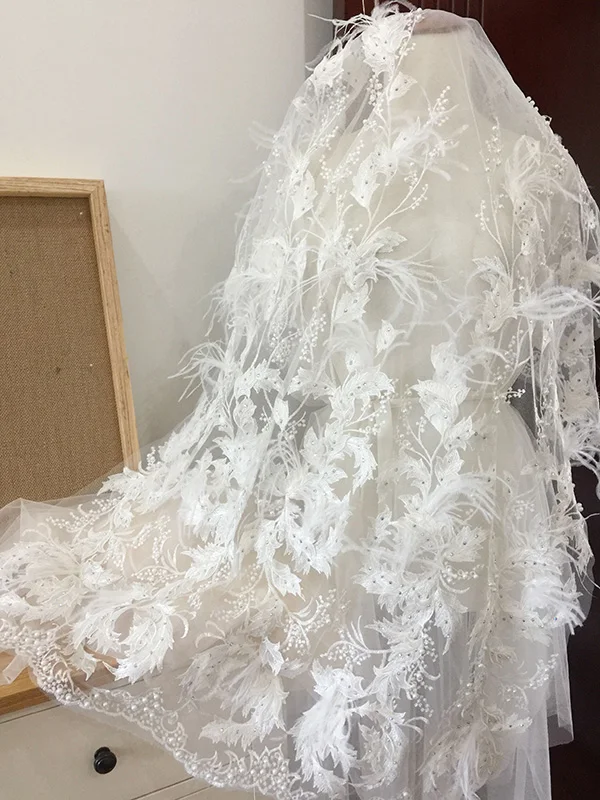 

0.9x1.3 meter/lot width ivory feather mesh Rhinestones beads lace fabric embroidered clothes dress cloth D26X197P0409E
