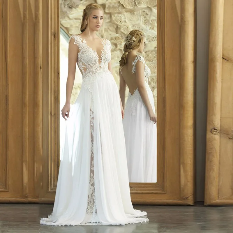 

2016 romantic backless boho wedding dresses custom made low v neck appliques lace bridal marry gown vestido de noiva