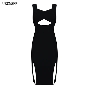 

UKCNSEP 2019 Women Sexy Bandage Dresses Sleevelesss V Neck Waist Cut Out Split Bodycon Celebrity Mini Party Dress Vestidos