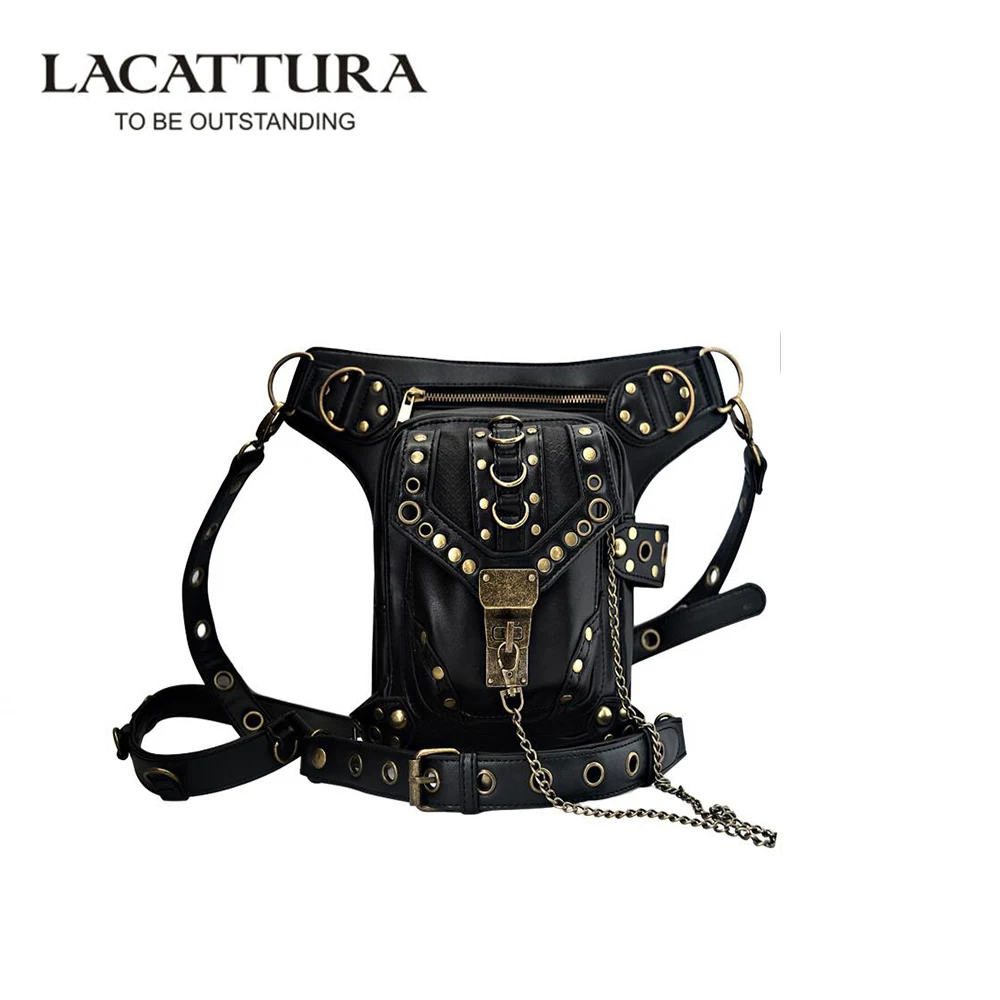 LACATTURA Fashion Steampunk Exclusive Retro Rock Gothic Bag Packs Shoulder Bag Men Women leg leatherwaist Bag Vintage Bolsas