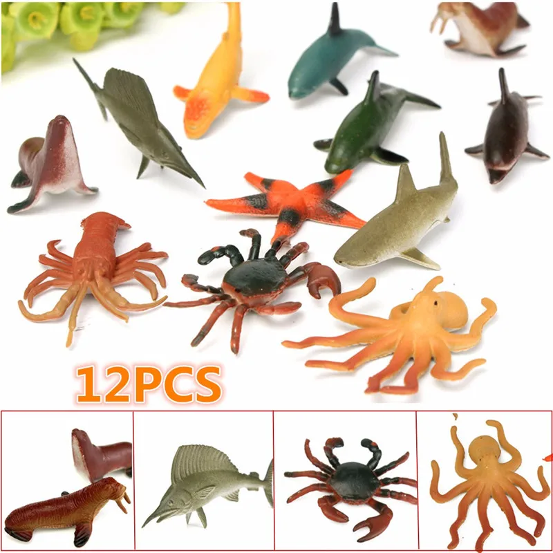 

12PCS/Set 4.5-8cm Plastic Marine Animal Figures Ocean Creatures Sea Life Shark Whale Crab Kids Toy
