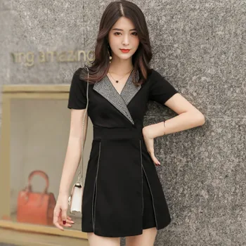 

Women Short Sleeve Notched Black High Waist Solid hot drilling Casual 2 Pieces Sets