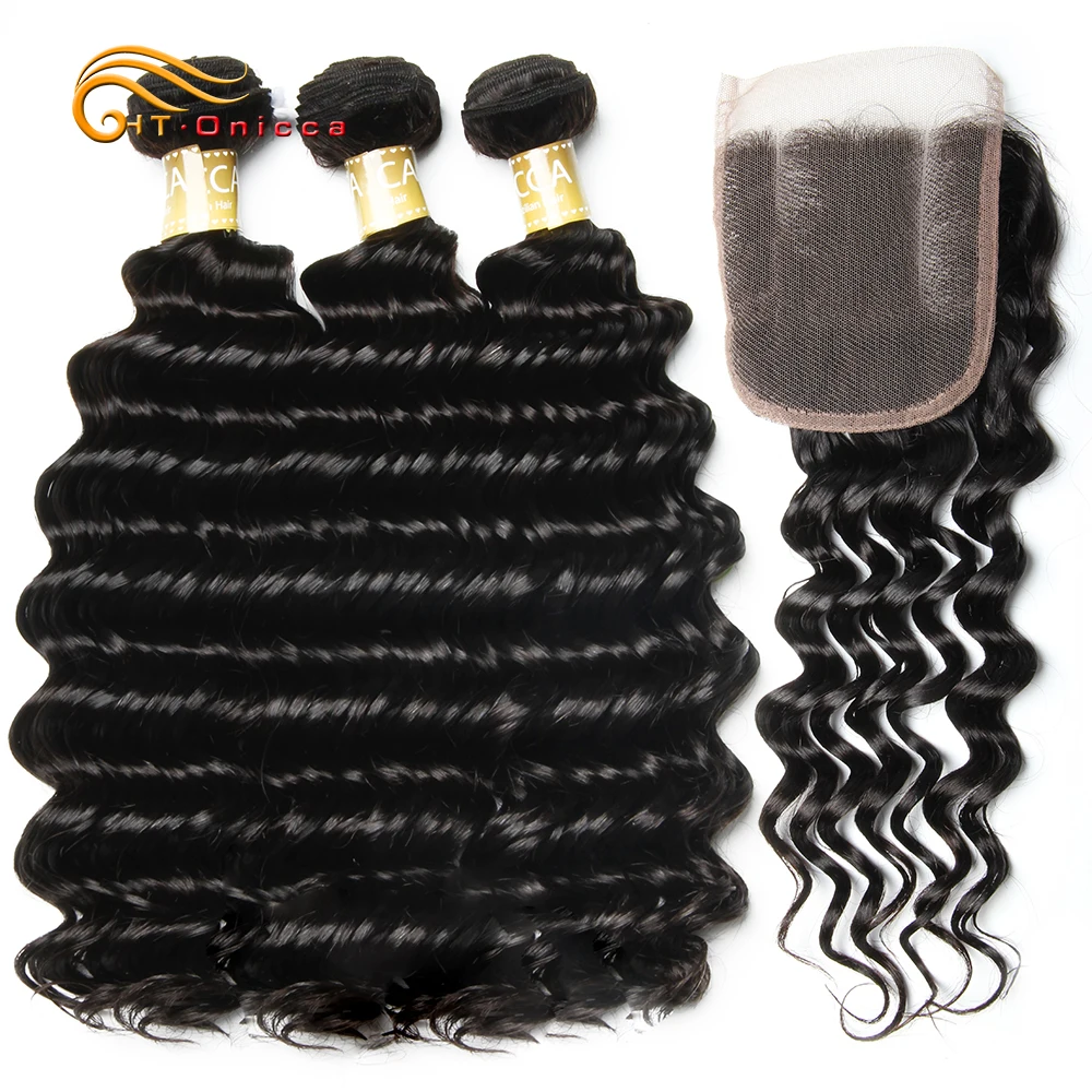

Onicca Brazilian Deep Wave Bundles With Closure 4*4 Free Middle Three Part Closure With Bundles Non Remy Human Hair With Closure