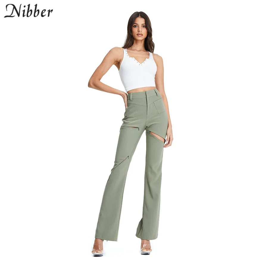 Nibber/весенние модные открытые дизайнерские брюки-клеш для женщин, для улицы, для офиса, для девушек, на каждый день, pantalones mujer, одноцветные узкие брюки