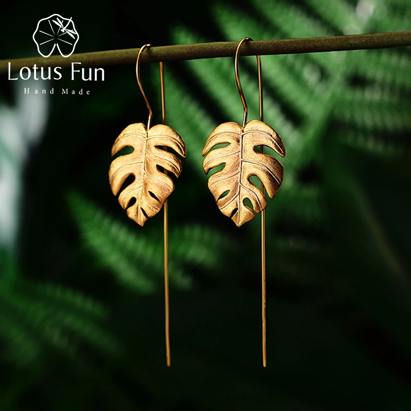 Lotus Fun Real 925 Sterling Silver Handmade Fine Jewelry Creative Monstera Leaves Design Dangle Earrings for Women Bijoux