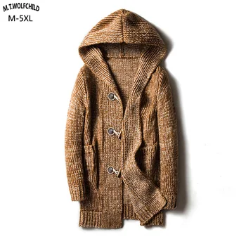 

2018 Winter New Mens long hooded horn-button knitted sweaters coats casual mens thick cardigan sweaters fashion mens clothing