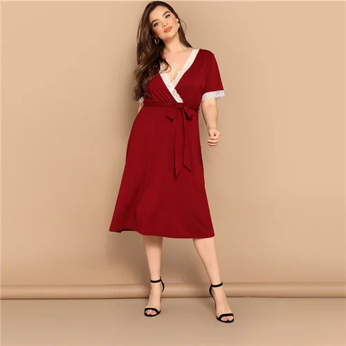 Burgundy Sheinside Бургундия контрастная кружевная отделка глубокий v-образный вырез обертывание сексуальные платья для сна женские летние с коротким рукавом поясом Ночное платье - Цвет: Burgundy