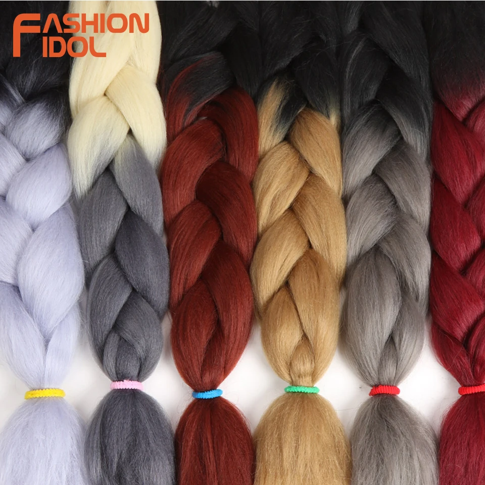 FASHION IDOL Synthetic Braiding Hair Ombre Kanekalon 24 Inch 100g/Pack Blonde Grey Crochet Braids Hair Extensions Jumbo Braids