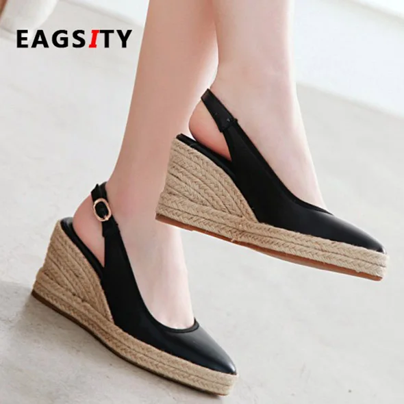 EAGSITY-sandalias de cuña de cuero para mujer, con tirante trasero, zapatos de plataforma con correa en tobillo, informales, para fiesta y boda, Verano - AliExpress Calzado