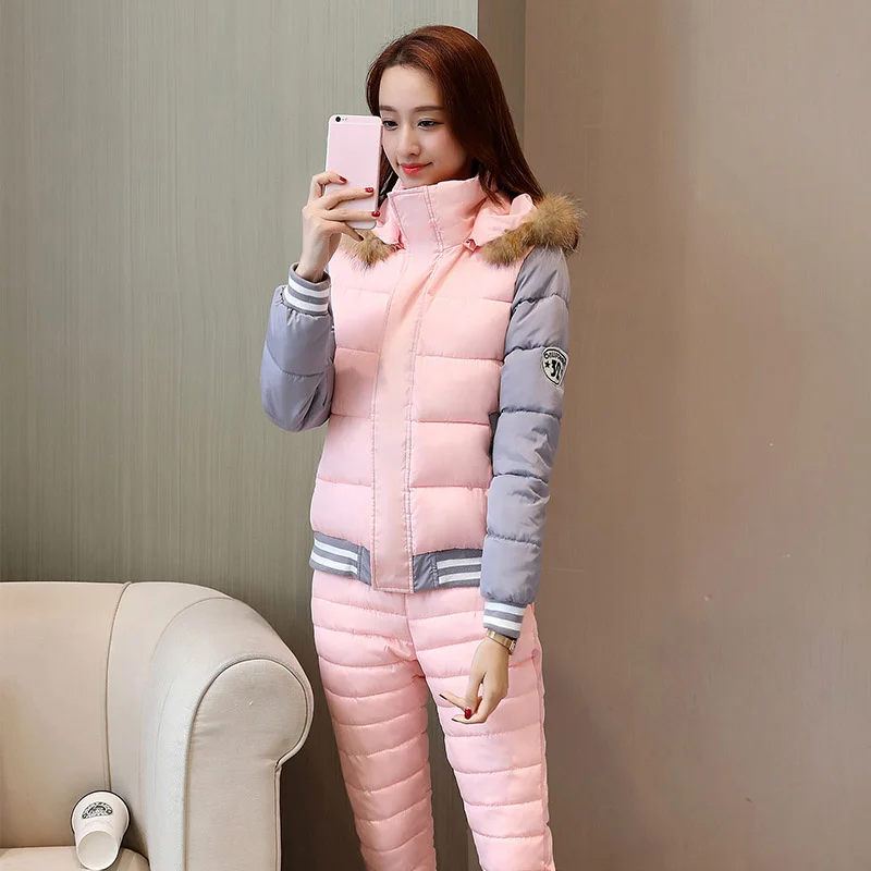 

Winter 2019 New Down Cotton Suit Women Real Fur Collar Hooded Thick Warm Cotton Jacket Coat + Pant Two Piece Sets Fashion Female