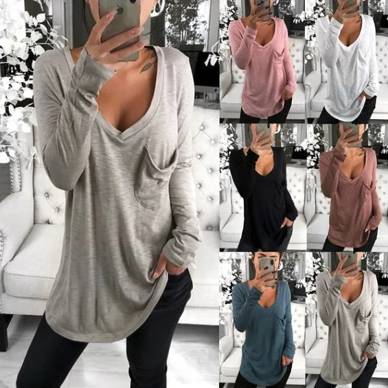 

2019 Sexy V-neck Wide Pocket Casual Bottoming long-sleeved T-shirt G0528