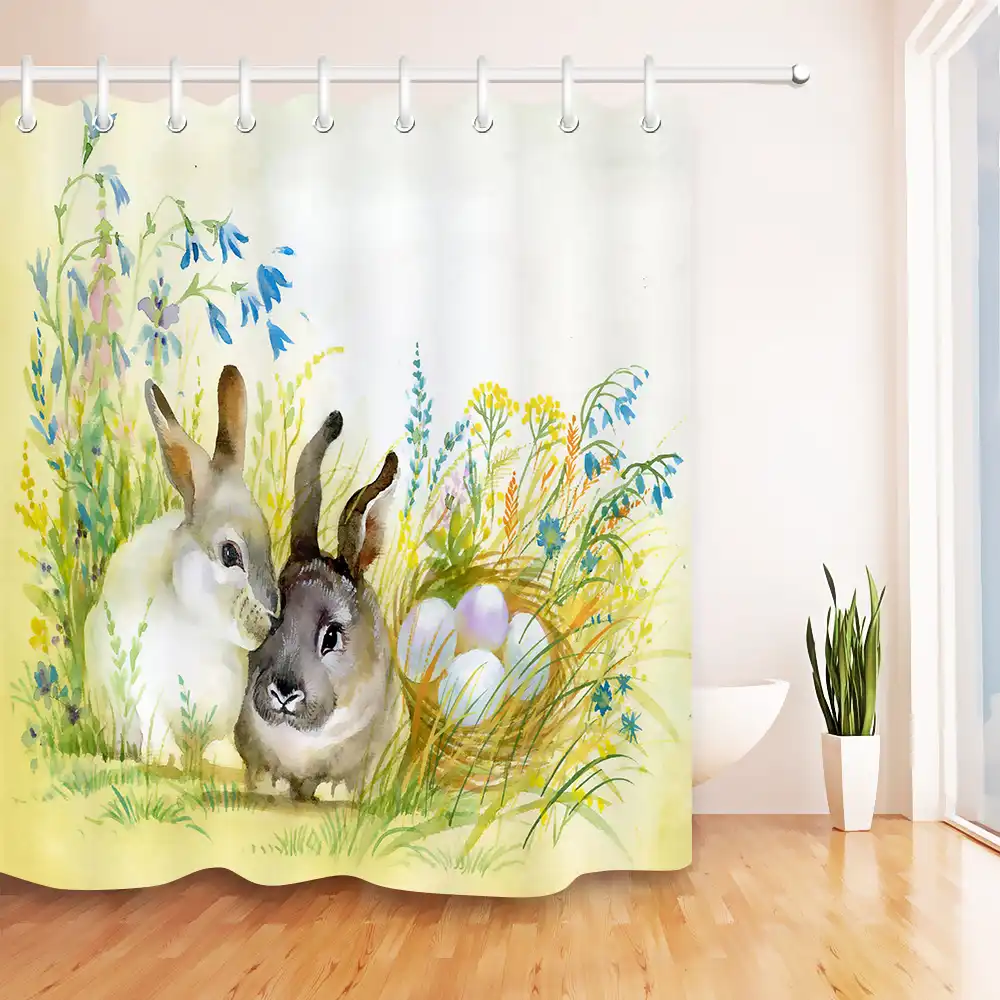 Lb White Shower Curtain With Mat Custom Watercolor Two Cute Rabbit On Grass Egg Easter Bathroom Curtain Fabric For Bathtub Decor Shower Curtains Aliexpress