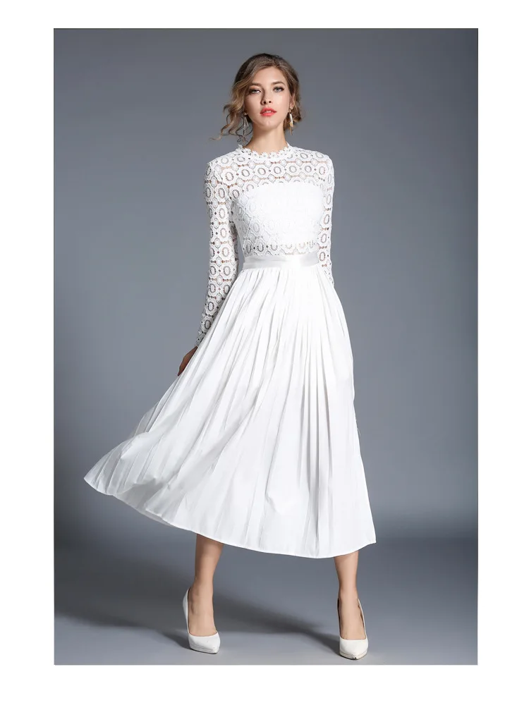 Западный стиль сексуальное кружевное длинное шифоновое плиссированное платье с воротником-стойкой и длинным рукавом белого цвета