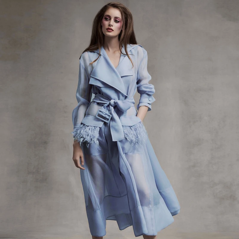 

2018 Summer Runway Fashion Long Sleeve Ostrich Feathers Pocket Thin Trench and Spaghetti Strap Dress Twinset Dress
