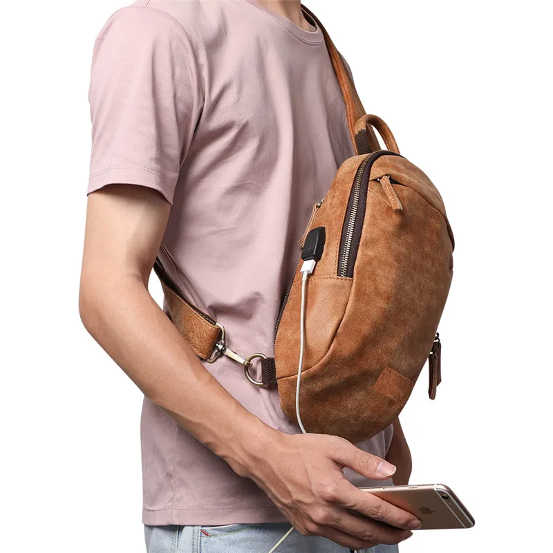 Nesitu из натуральной кожи коричневого цвета Для мужчин Курьерские сумки натуральной кожи мужской груди мешок с отверстием для наушников