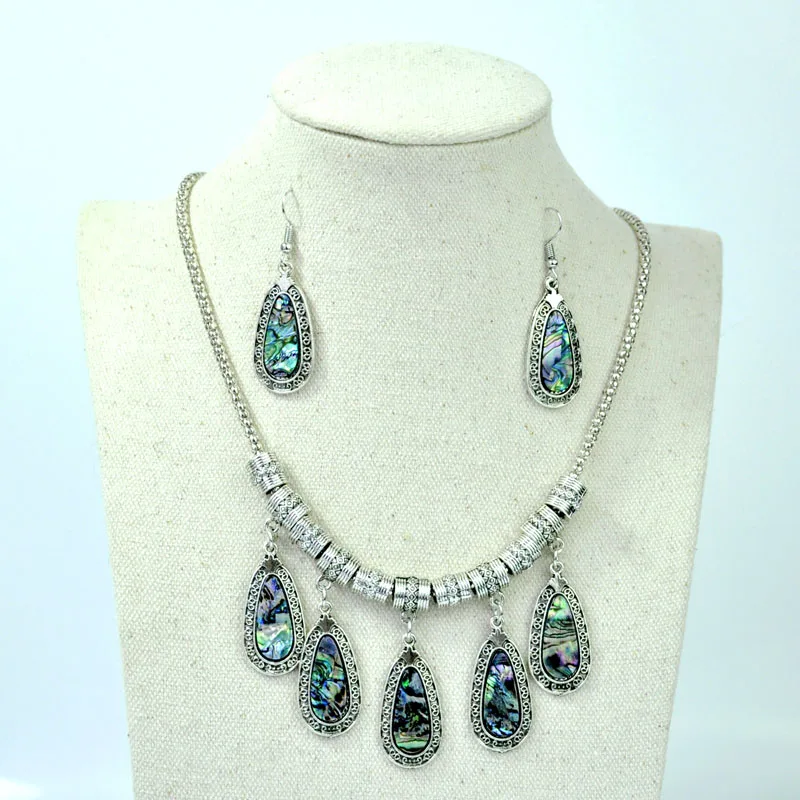 

1 Set New Design Abalone Shell Jewelry Set Water Droplets Antique Silver Women Famale Pendant Necklace Earring Sets LR4114