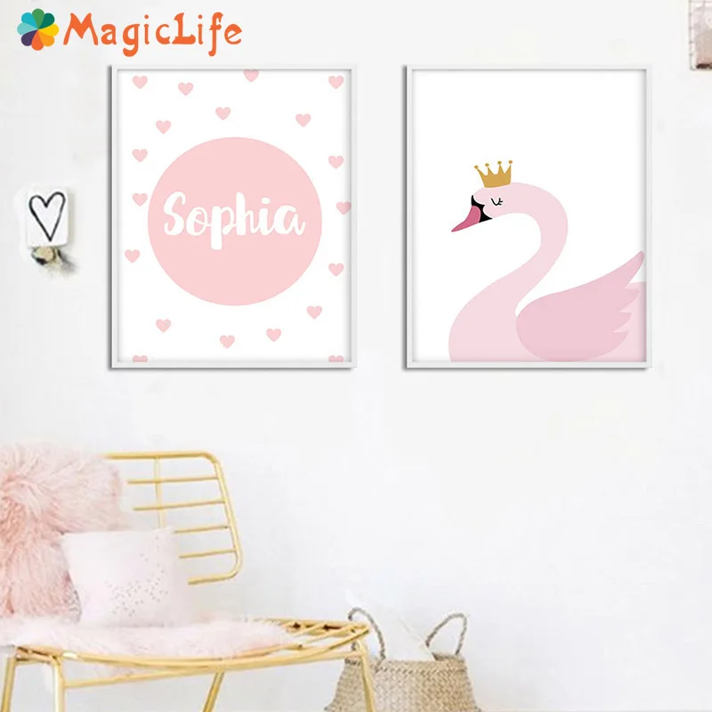 

Personal Name Custom Poster Cartoon Pink Swan Nursery Decor Wall Art Canvas Painting Nordic Posters Art Wall Pictures Unframed