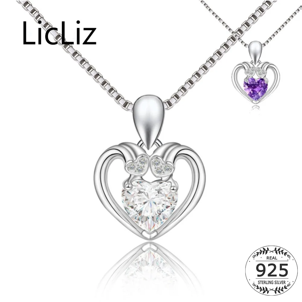 

LicLiz 925 Sterling Silver Hollow Heart Pendant Necklaces for Women Purple CZ DIY Pendant Heart Zircon White Gold Jewelry LN0416