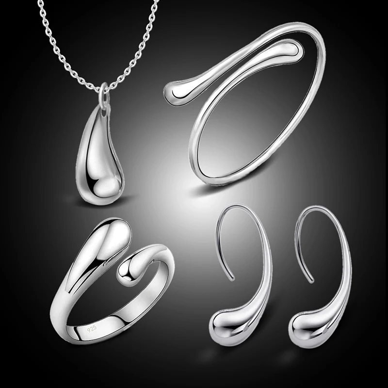 

Luxury Silver Gold Color Water Drop Bracelet Necklace Earhook Ring Sets Fashion Wedding Bridal Jewelry Set For Women Girl Gifts